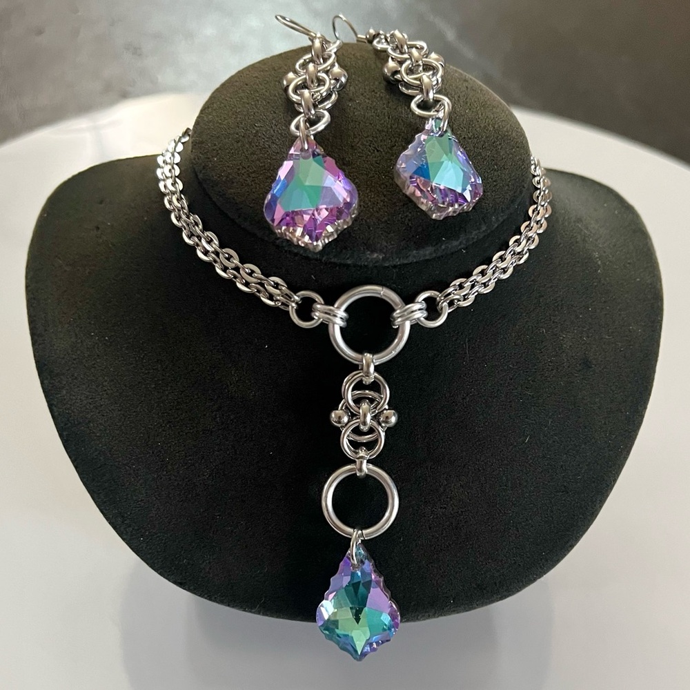 Handmade Blue purple iridescent rainbow austrian crystals maille celtic set - Picture 7 of 16